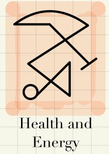 A geometric symbol with the caption "Health and Energy". The symbol is digitally drawn over a grid with a pale peach background.